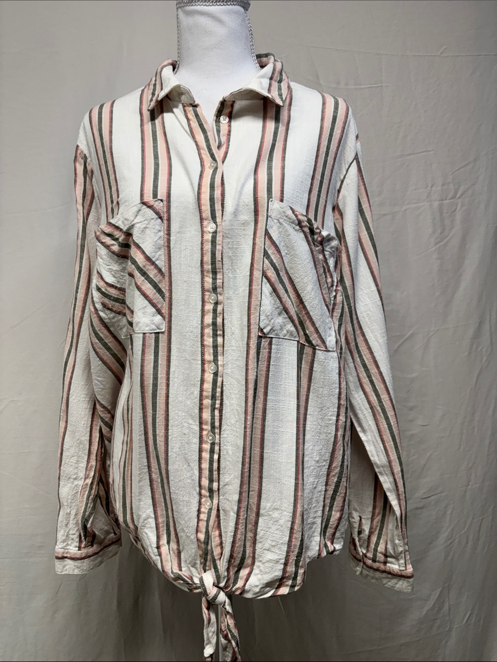 Dex White Button-Down Shirt with Pink & Green Stripes